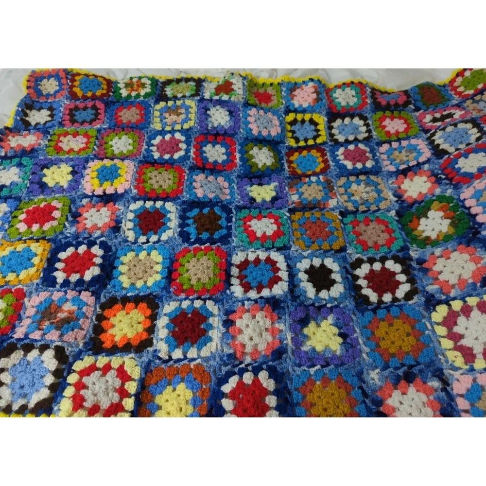Handmade crocheted granny square‎ Afghan blanket throw yellow trim blue red pink